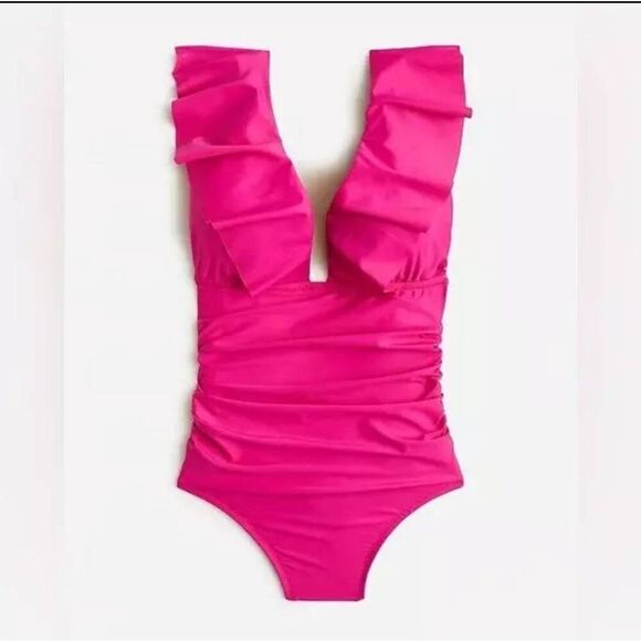 NWT J. Crew Ruched Ruffle One Piece Swim Suit Fuchsia‎ Pink Beach BP222 Size 12 - Picture 2 of 3